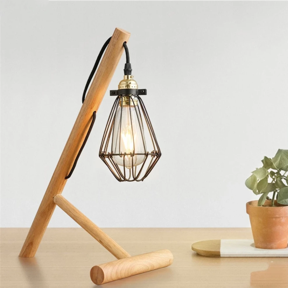 Lampe De Bureau Ou Chevet Avec Pied En Bois Et Lampe En Cage Métal 5 Lampe De Bureau Ou Chevet Avec Pied En Bois Et Lampe En Cage Métal – Image 3