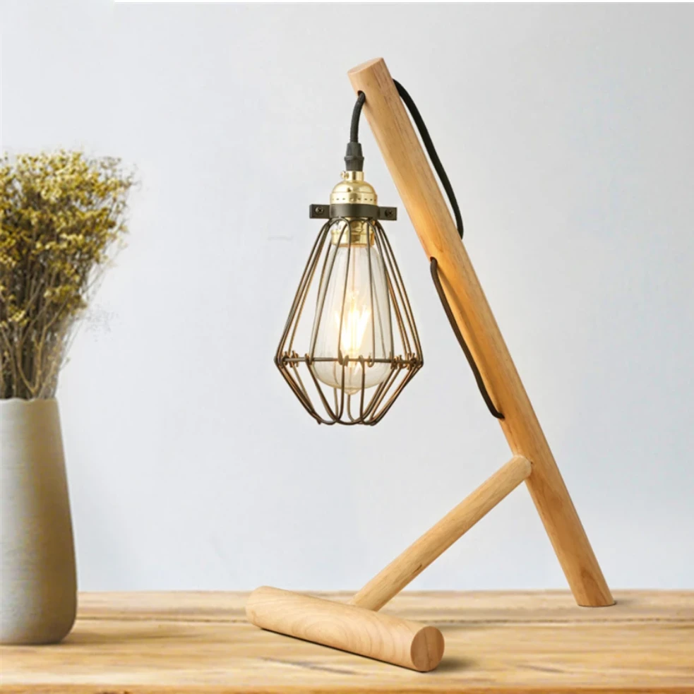Lampe De Bureau Ou Chevet Avec Pied En Bois Et Lampe En Cage Métal 4 Lampe De Bureau Ou Chevet Avec Pied En Bois Et Lampe En Cage Métal – Image 2