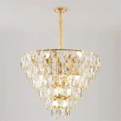 Lustre Rond En Acier Doré Avec Cristal Et éclairage Led Intérieur