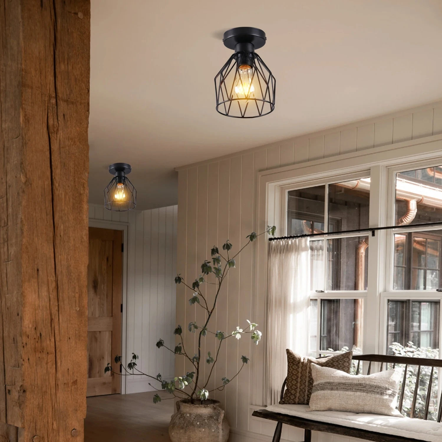 Vintage Plafonnier Rétro LED E27 Support De Lampe Ampoule Abat-jour En Métal Cage Plafonnier Semi-encastré Suspension Décoration 4 Vintage Plafonnier Rétro LED E27 Support De Lampe Ampoule Abat-jour En Métal Cage Plafonnier Semi-encastré Suspension Décoration – Image 2